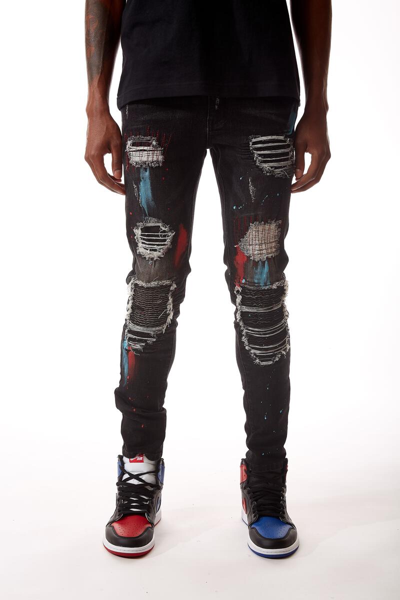 R3bel Jeans Black/Red & Blue Paint