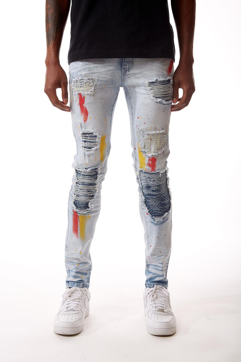 R3bel Jeans Light Blue/Red & Yellow Paint